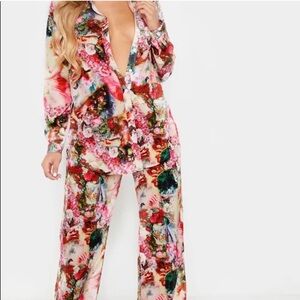 PrettyLittleThing Multicolor Floral Button Down Shirt and pants set